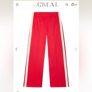 THE GREAT. Red Track Pants with Cream Side Stripes
